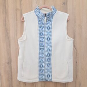 L.L.Bean Womens Fleece Vest Size L White Blue Nordic Zip Front Cozycore Winter